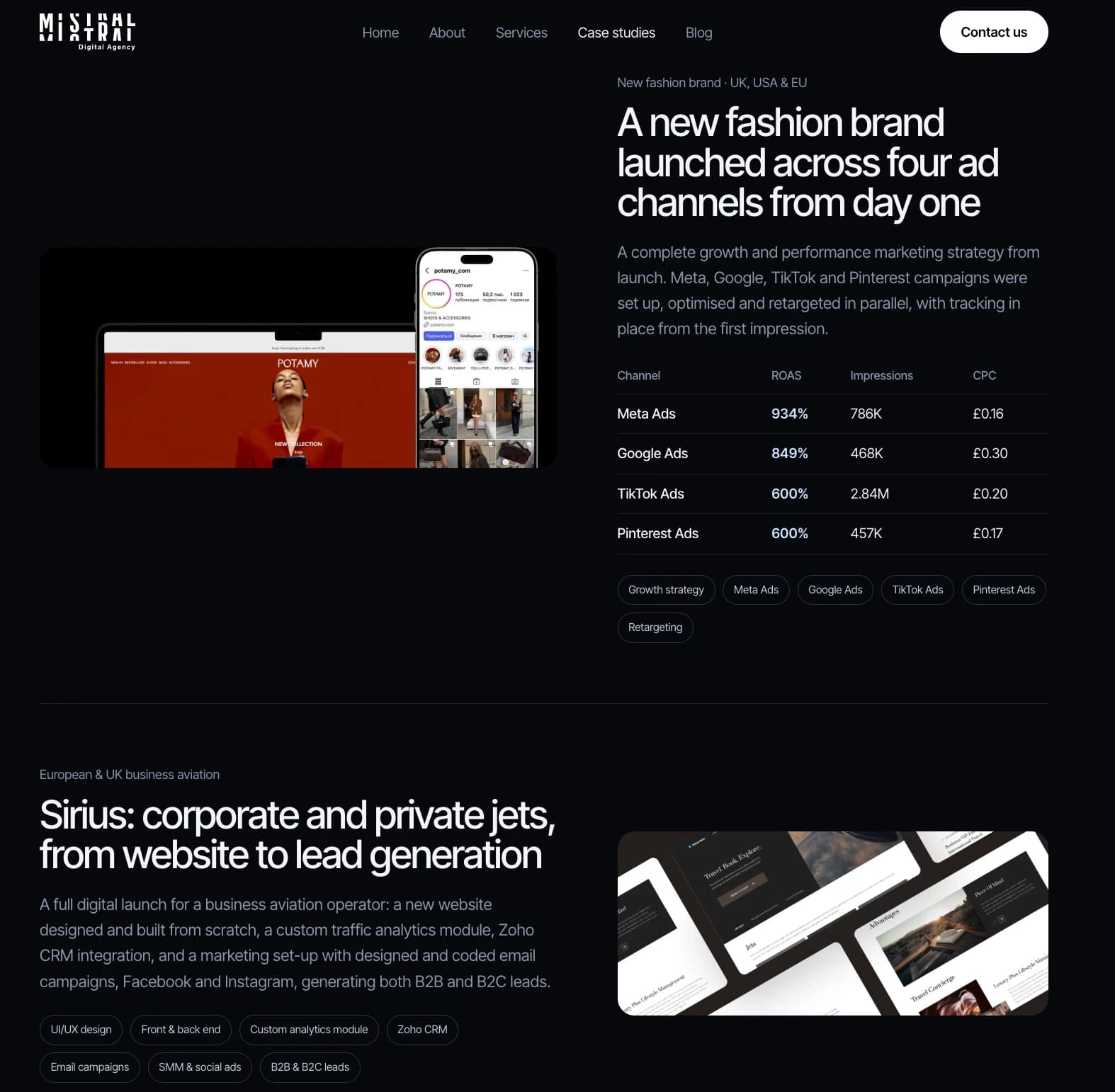Mistral Digital's new outcome-led case studies with a results table and sector tags
