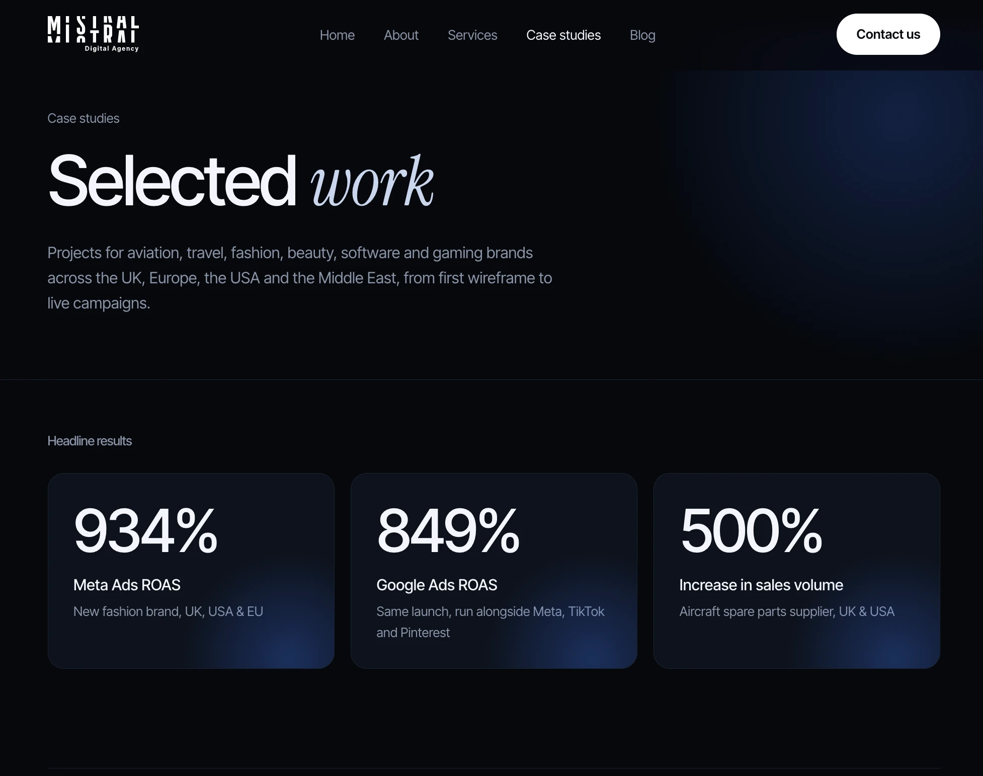 Mistral Digital's new case studies hub leading with headline results and named sectors