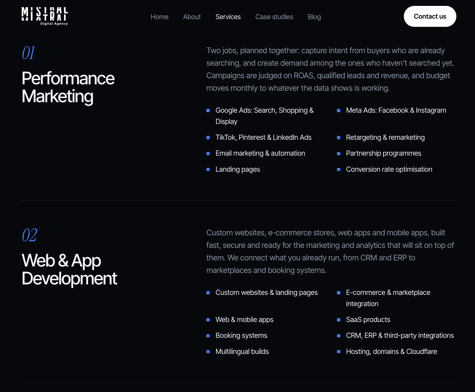 Mistral Digital's new services page with capabilities named explicitly and grouped