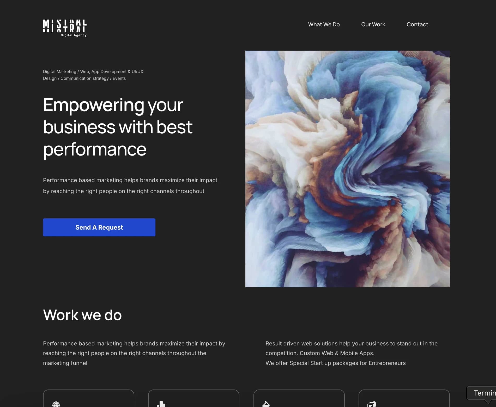 Mistral Digital's old homepage with broad 'empowering your business with best performance' messaging
